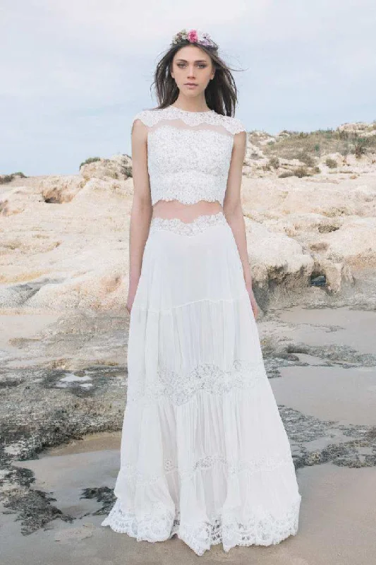 Jewel-Neck Cap-Sleeve Lace Chiffon Two-Piece Wedding Dress-715057