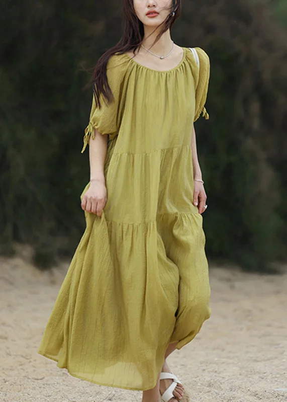 Green Wrinkled Maxi Dress Short Sleeve