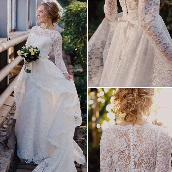 Long Sleeve High Neck Layered High Low Lace Gown With Illusion Back-BU_708780