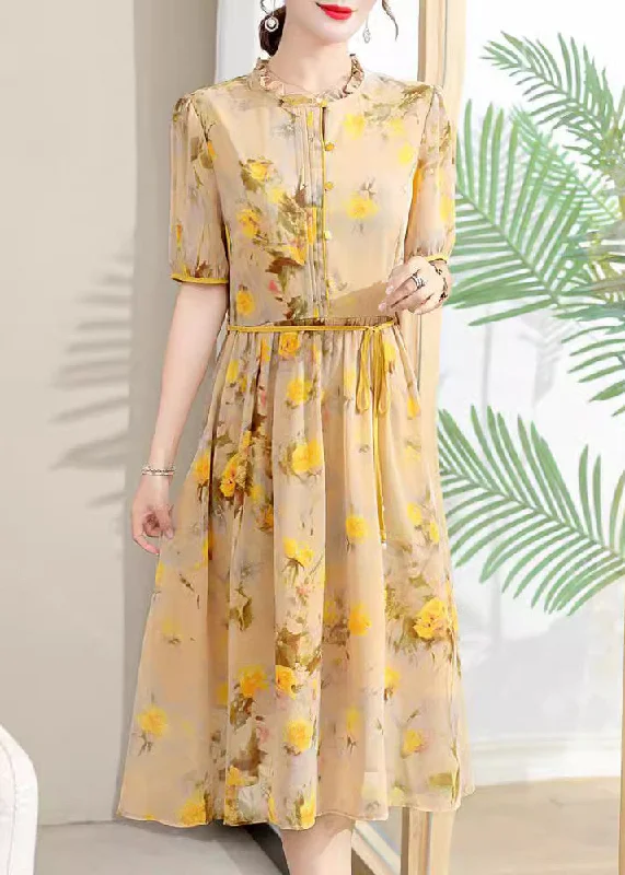 Elegant Yellow Ruffled Print Lace Up Chiffon Dresses Summer