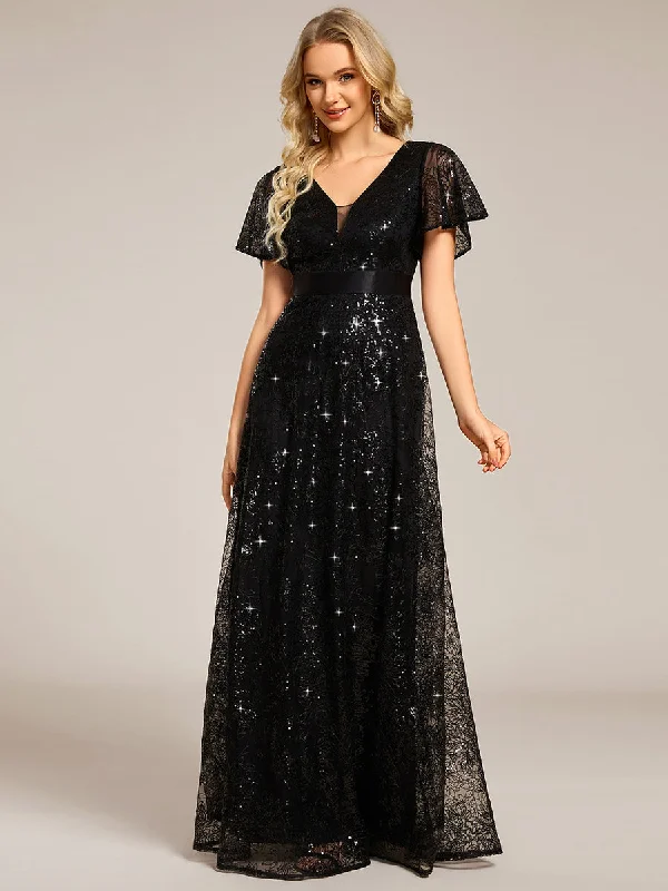 Exquisite Sequin Paillette Embroidery Evening Dresses with Ruffles Sleeve