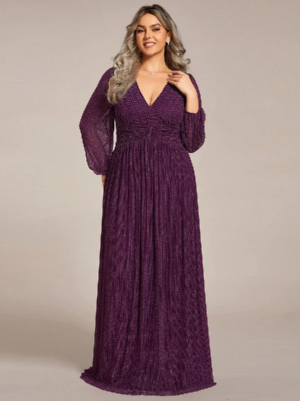 Plus Size Maxi Long Chiffon Waist  V Neck Wholesale Evening Dress with Long Sleeves