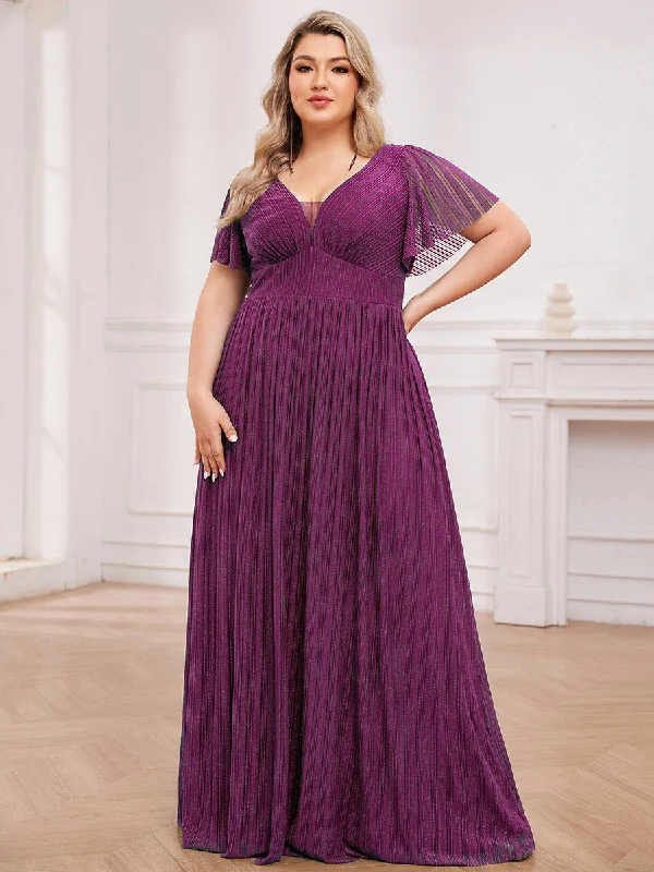 Plus Size Elegant See-Through Deep V Neck Floor Length Short Ruffles Sleeves Sequin Evening Dresses