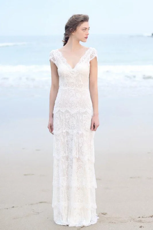 Plunged Sheath Cap-Sleeve Tired Boho Style Wedding Dress And Deep-V Back-715055