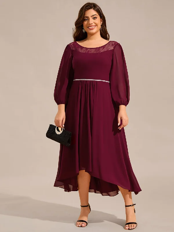 Plus Size Elegant Round Neck Smocking Midi Length Chiffon Wedding Guest Dresses with Asymmetrical Hem