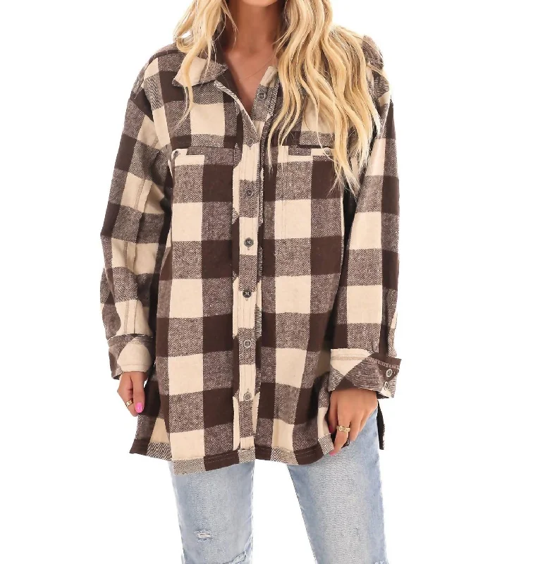 Checker Print Button Down Shacket In Coco Brown