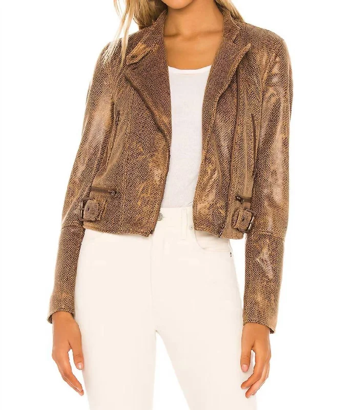 Snakeskin Fenix Vegan Leather Moto Jacket In Brown