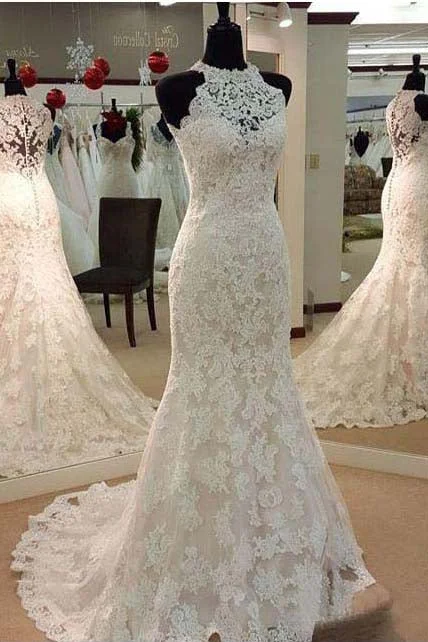 Vintage Illusion High Neck Halter Sleeveless Full Lace Mermaid Wedding Gown-715347