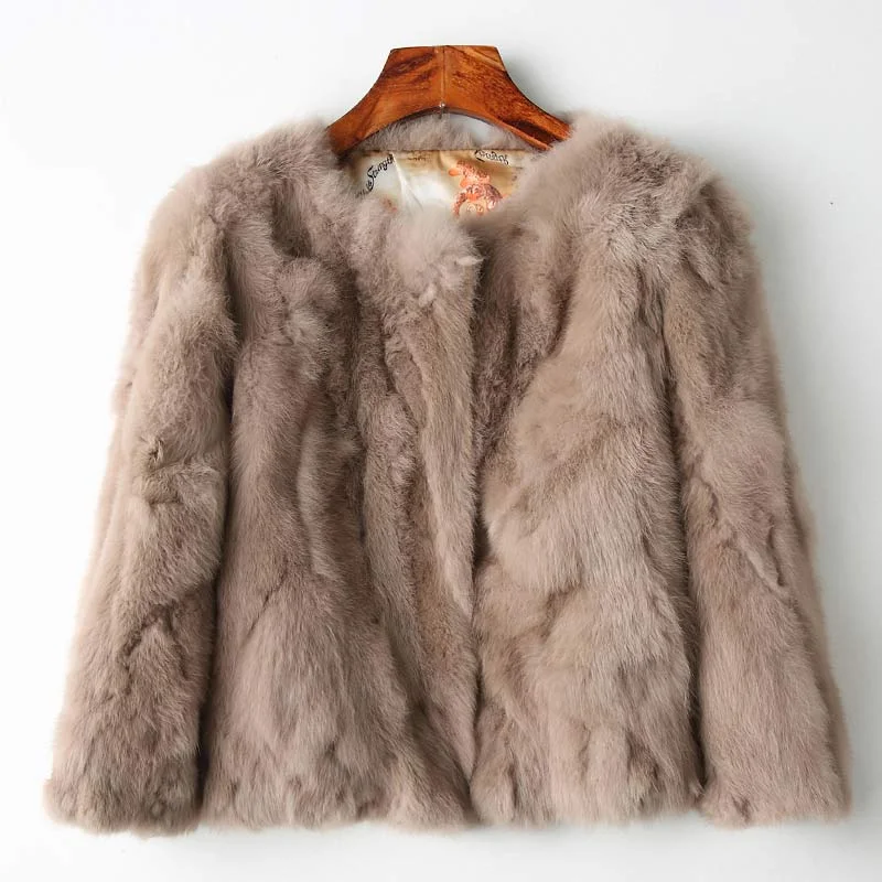 Genuine Full Pelt Fur Jacket Women's Design Rabbit Fur Coat Natural Wholeskin Fur Coat O-Neck Fashion Slim Thin Rabbit Fur Coat