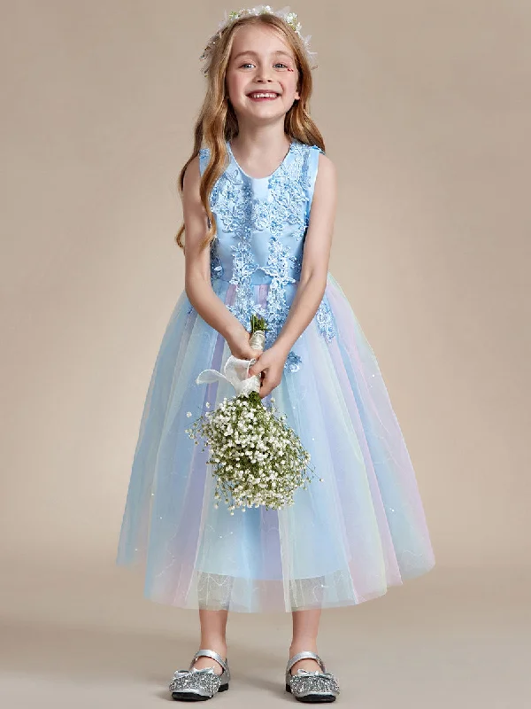 Pretty Lace and Tulle Flower Girl Dress with Flower Appliques