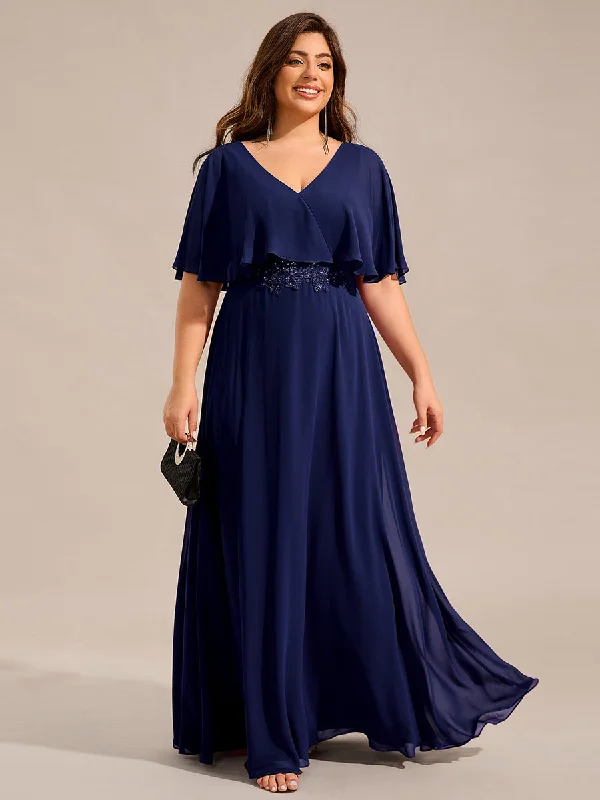 Plus Size Elegant Shawl Bat-wing Sleeve Chiffon Evening Dresses with Applique Decoration