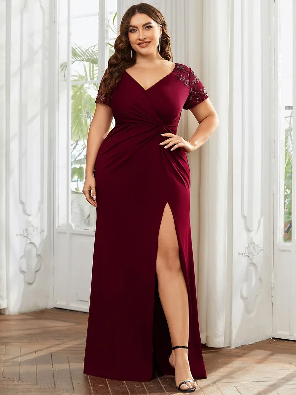 Plus Deep-V Side Split Appliques Ruched Belt Wholesale Evening Dress