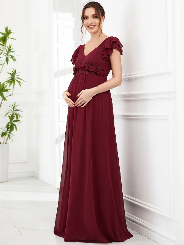 Deep V Neck Short Ruffles Sleeves A Line Wholesale Maternity Dresses