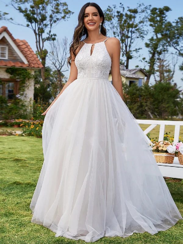 Elegant  A-Line Floor Length Keyhole Neck Sleeveless Wholesale Wedding Dress