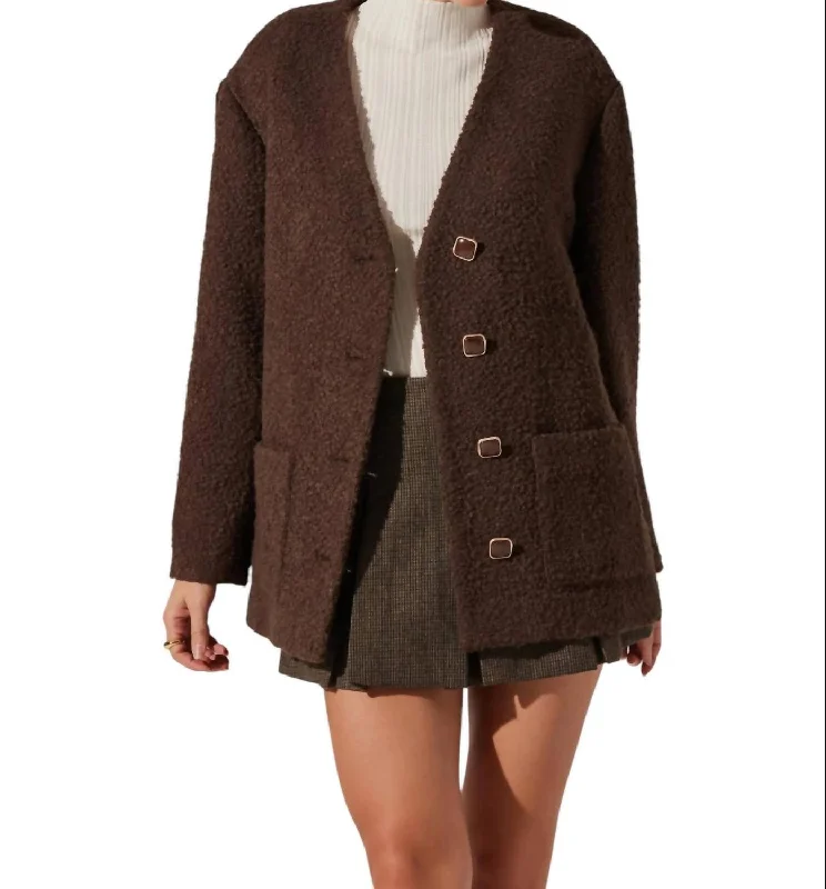 Sherpa Collarless Jacket In Brown