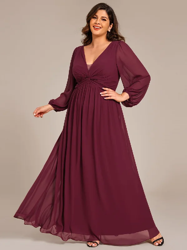 Plus Size Graceful See-Through V Neck Padded Enough Pleated Decoration Chiffon Evening Dresses