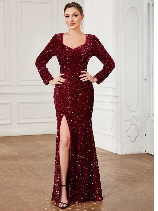 Shiny Long Sleeves Sweetheart Neck Fishtail Wholesale Evening Dresses