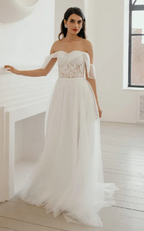 Sexy Off the Shoulder A Line Tulle Sweetheart Sweep Train Wedding Dress with Split Front-716070