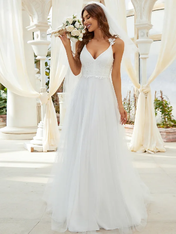 Double V Neck Wholesale Lace Tulle Wedding Dress