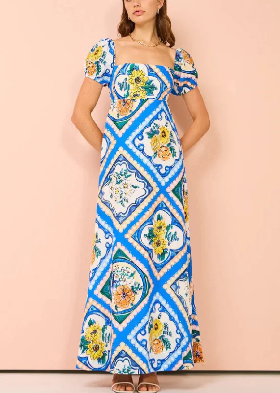 Art Blue Square Collar Print Linen Long Dresses Summer