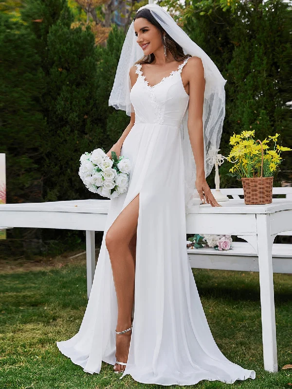 Chiffon High Split Spaghetti Strap Appliques Wedding Dress