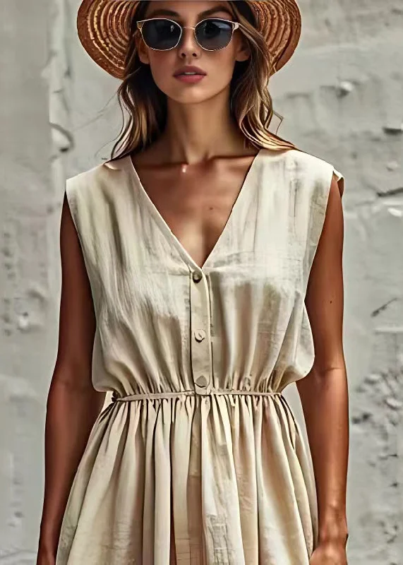 Classy Beige V Neck Wrinkled Linen Dresses Sleeveless