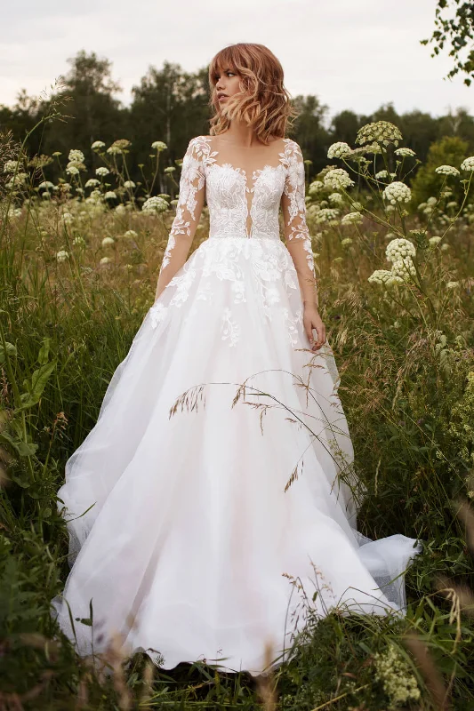 Illusion Sleeve Tulle Adorable Wedding Dress With Lace Details And Illusion Button Back-715873