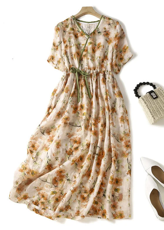 Elegant Orange V Neck Lace Up Print Linen Dresses Summer