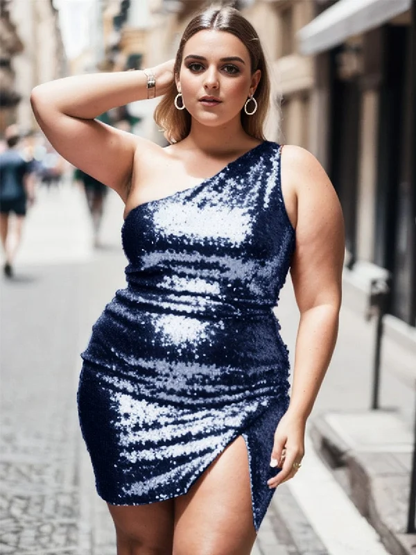 Plus Size Sparkly One Shoulder Sequin Bodycon Homecoming Dress