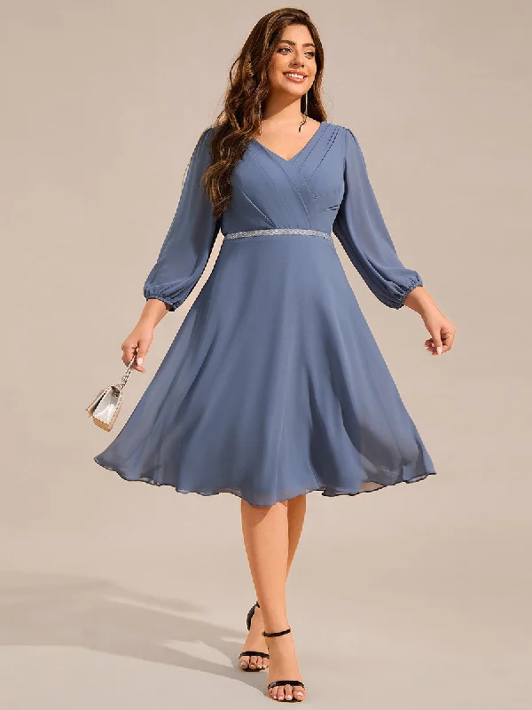 Plus Size Elegant Midi Length Long Lantern Sleeves Chiffon Wedding Guest Dresses