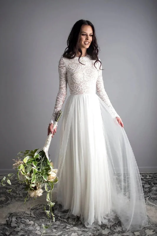 Ethereal Open Back Long Sleeve Sheath Bridal Gown-715813