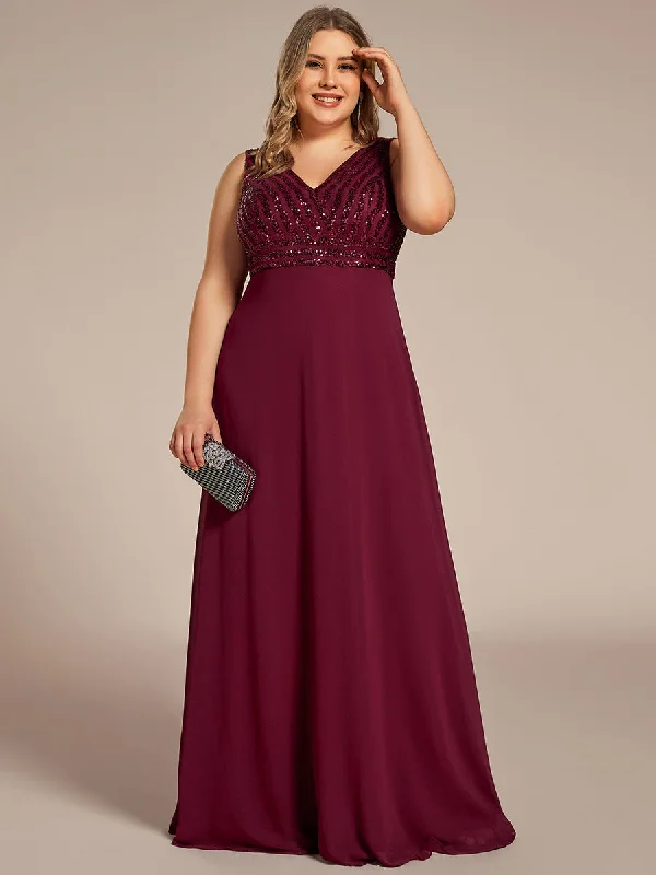 Plus-Sleeveless VNeck Sequin & Chiffon Wholesale Evening Dresses