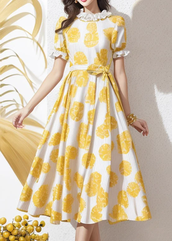 Elegant Yellow Ruffled Print Tie Waist Silk Dress Summer