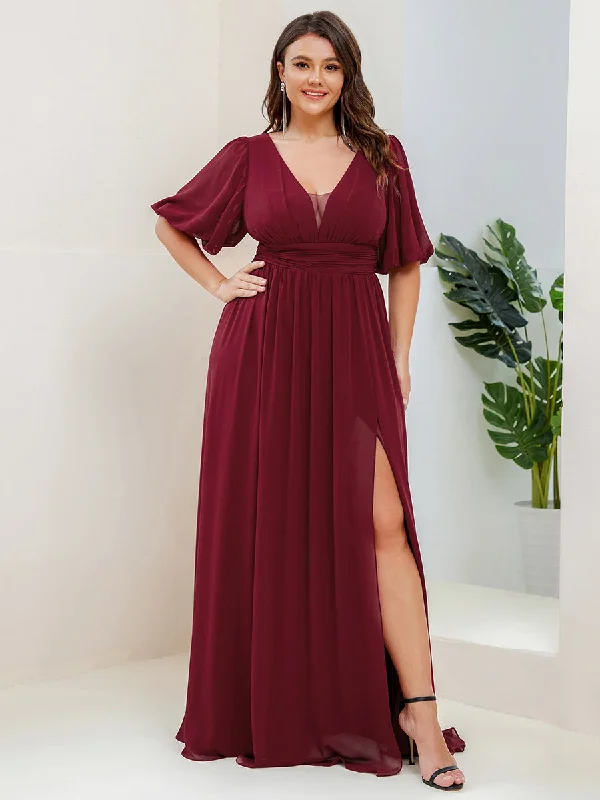 Plus Deep V Neck A Line Half Puff Sleeves Wholesale Bridesmaid Dresses