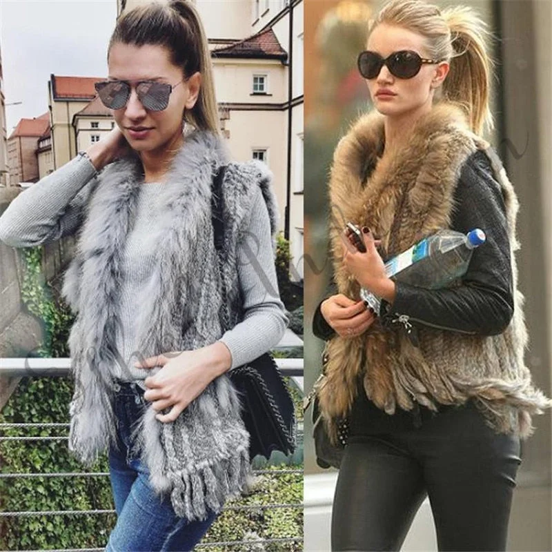 Natural Rabbit Fur Vest With Raccoon Fur Collar Party Waistcoat jackets knitted Gilets women wool vest colete de pele de coelho