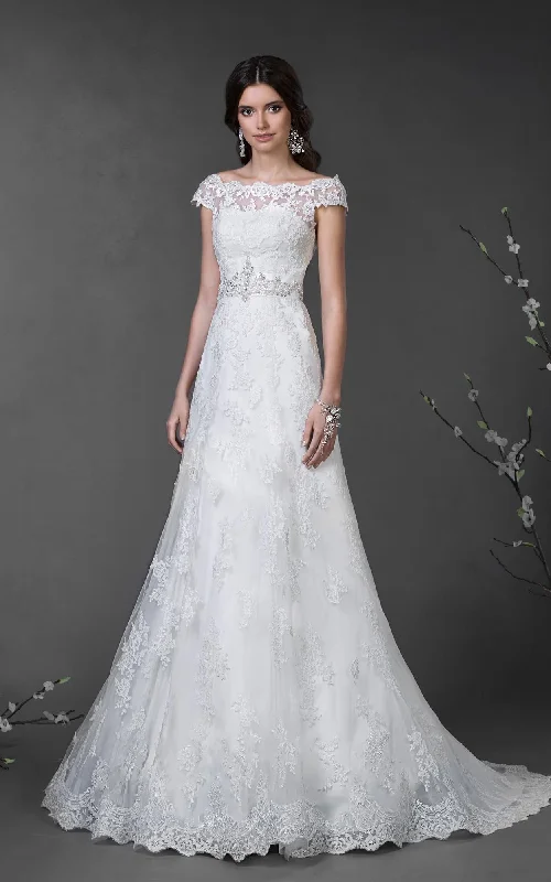 A-Line Floor-Length Off-The-Shoulder Cap-Sleeve Illusion Lace Dress With Appliques And Waist Jewellery-714554