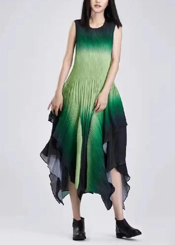 Classy Green Gradient Asymmetrical Patchwork Dress Sleeveless