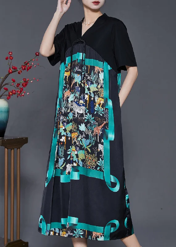 Green Print Silk Oriental Dresses Tasseled Summer