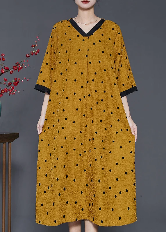 French Yellow V Neck Print Linen Dresses Summer