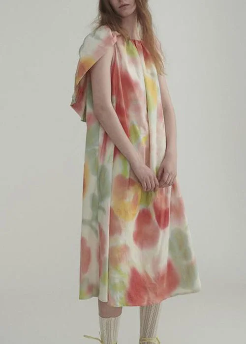 New Colorblock Ruffled Print Linen Dress Summer