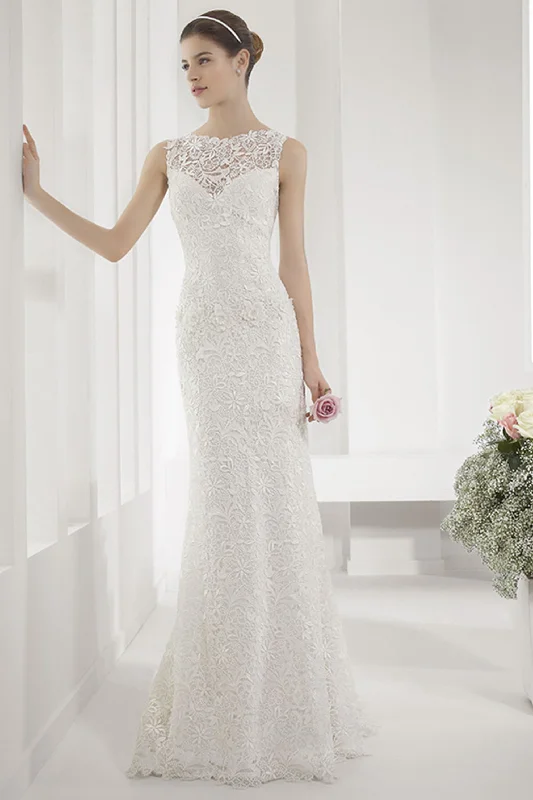 Allover Lace Illusion Neck Sheath Wedding Gown With Back Keyhole-MK_703319