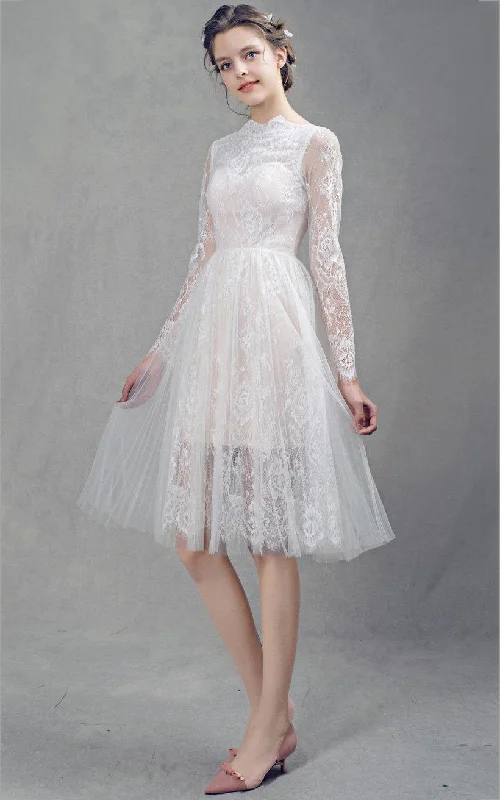 French Lace Short Tulle Wedding With Sleeves Dress-711892