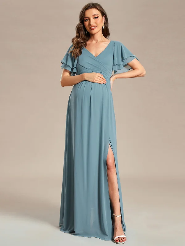 Ruffle Sleeves Split Chiffon Wholesale Maternity Dresses