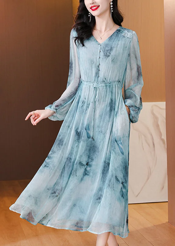 Women Blue V Neck Print Drawstring Silk Dress Lantern Sleeve