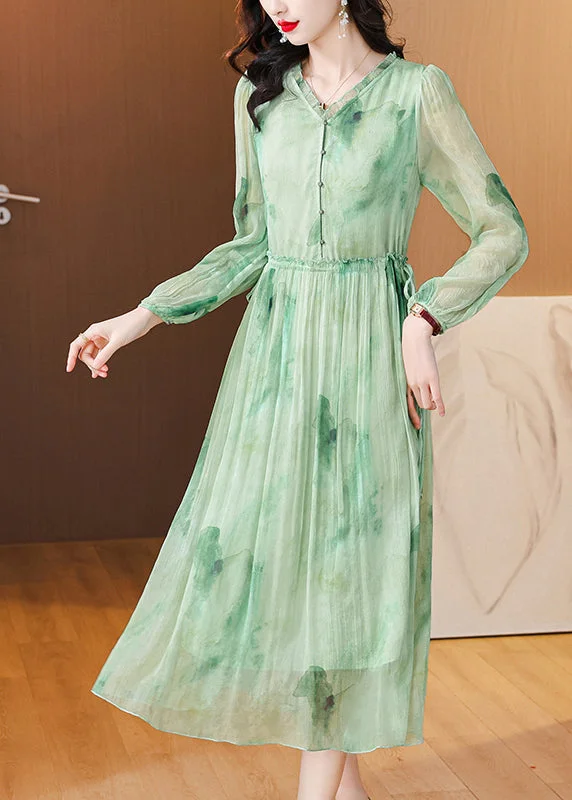 Chic Green Ruffled Print Lace Up Chiffon Dress Summer