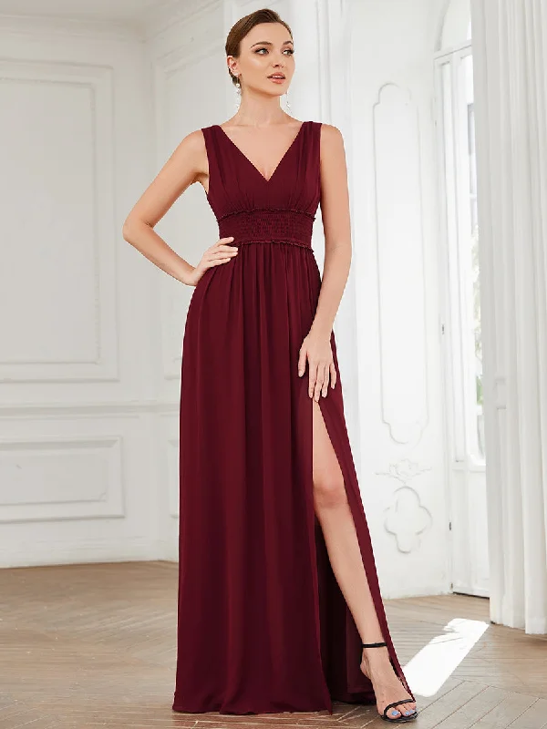 Sleeveless Deep V Neck Thigh High Split Wholesale Bridesmaid Dresses