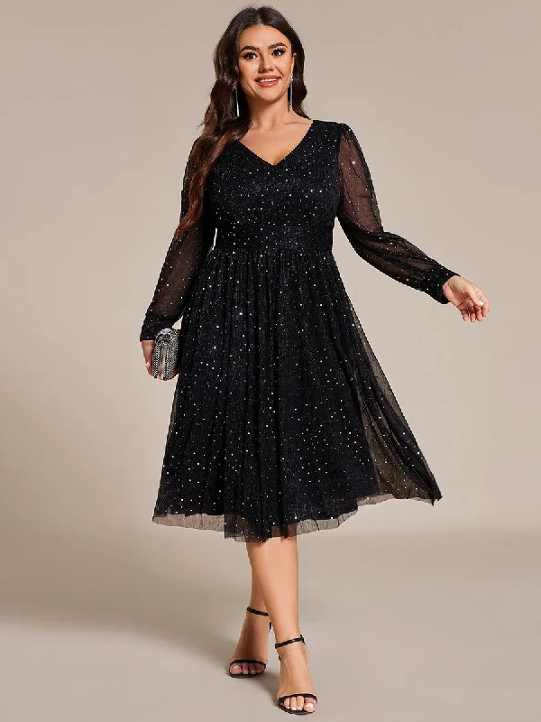 Plus Size Elegant Long Lantern Sleeve Midi Length Sequin Tulle Dresses with Shimmer Decoration