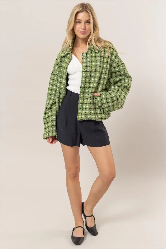 Tweed Plaid Button Up Jacket