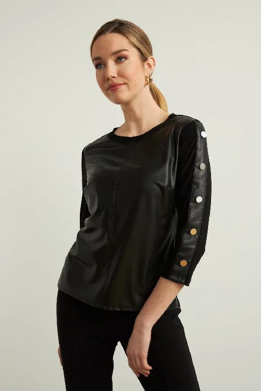 Joseph Ribkoff Faux Leather Button Sleeve Top