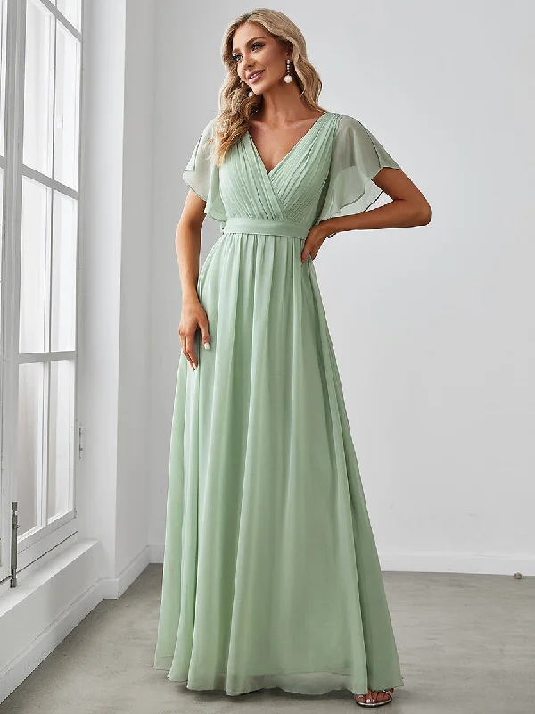 A Line Wholesale Bridesmaid Dresses with Deep V Neck Ruffles Sleeves